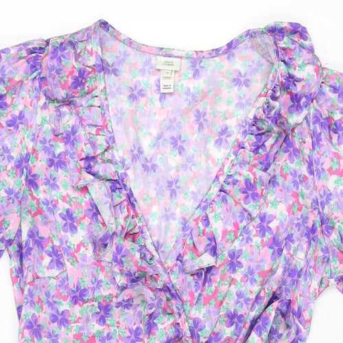 River Island Womens Purple Floral Polyester Skater Dress Size 8 V-Neck Pullover