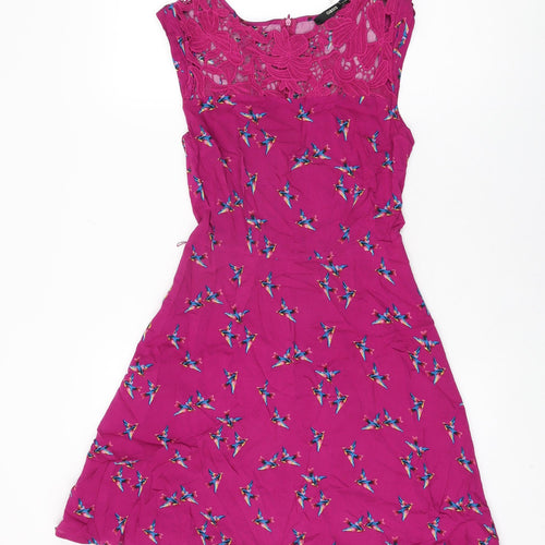 Oasis Womens Purple Geometric Viscose Skater Dress Size 8 Round Neck Zip