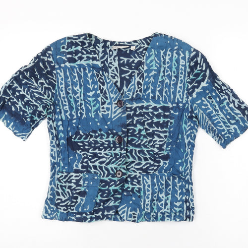 Adini Womens Blue Geometric Cotton Basic Button-Up Size S V-Neck
