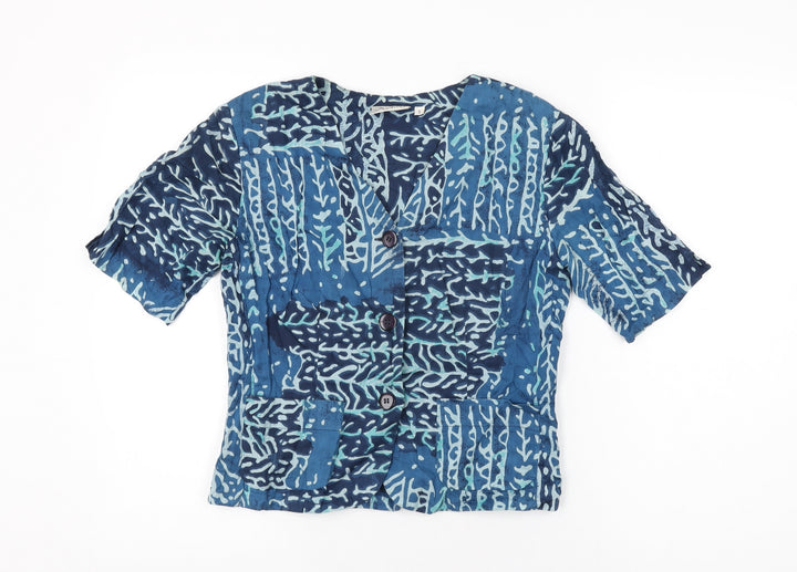 Adini Womens Blue Geometric Cotton Basic Button-Up Size S V-Neck