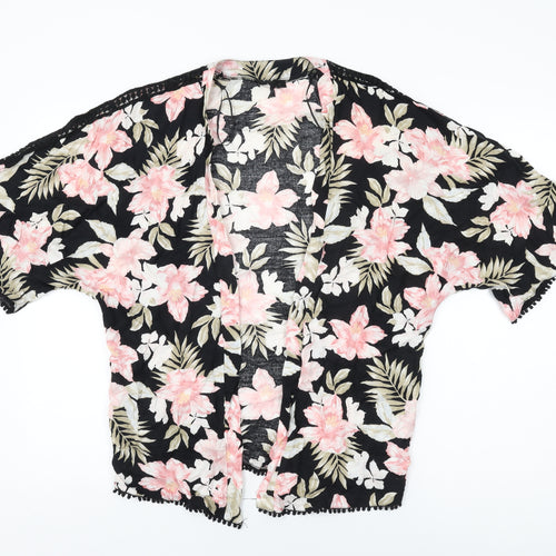 New Look Womens Black Floral Cotton Kimono T-Shirt Size 8 V-Neck