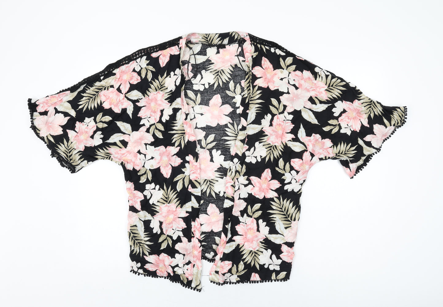 New Look Womens Black Floral Cotton Kimono T-Shirt Size 8 V-Neck