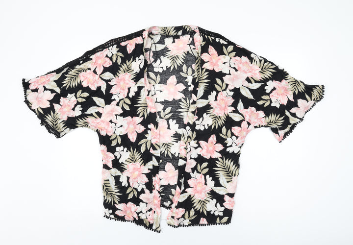 New Look Womens Black Floral Cotton Kimono T-Shirt Size 8 V-Neck