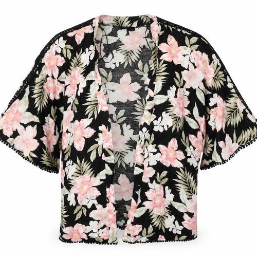 New Look Womens Black Floral Cotton Kimono T-Shirt Size 8 V-Neck