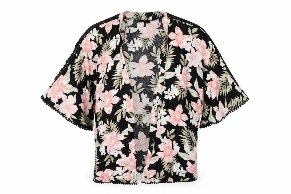 New Look Womens Black Floral Cotton Kimono T-Shirt Size 8 V-Neck