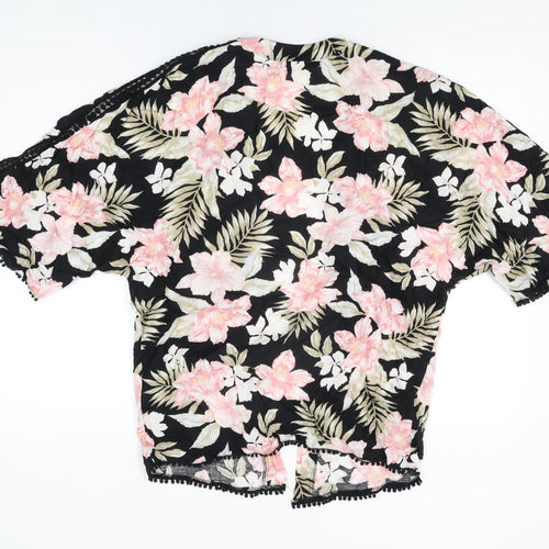 New Look Womens Black Floral Cotton Kimono T-Shirt Size 8 V-Neck