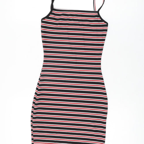 PRETTYLITTLETHING Womens Black Striped Polyester Bodycon Size 6 Round Neck Pullover