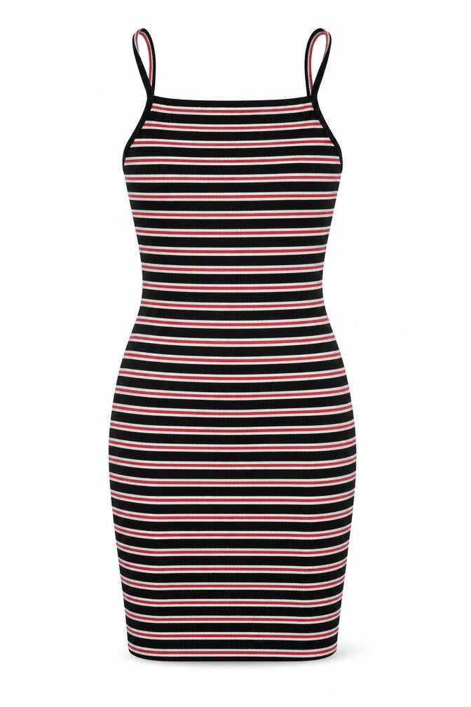 Front view of PRETTYLITTLETHING women’s black striped polyester bodycon, size UK 6, round neck pullover