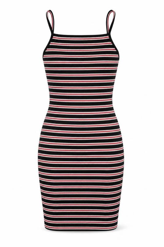 Front view of PRETTYLITTLETHING women’s black striped polyester bodycon, size UK 6, round neck pullover