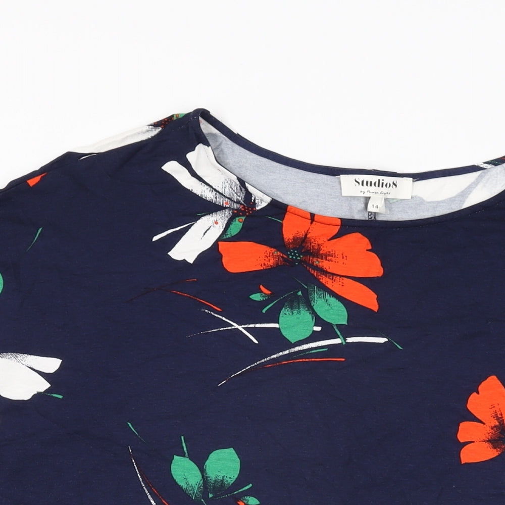 Phase Eight Womens Blue Floral Viscose Basic T-Shirt Size 14 Round Neck