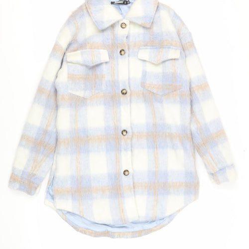 Missguided Womens Blue Plaid Overcoat Coat Size 8 Button