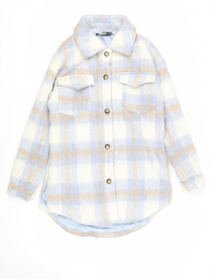 Missguided Womens Blue Plaid Overcoat Coat Size 8 Button