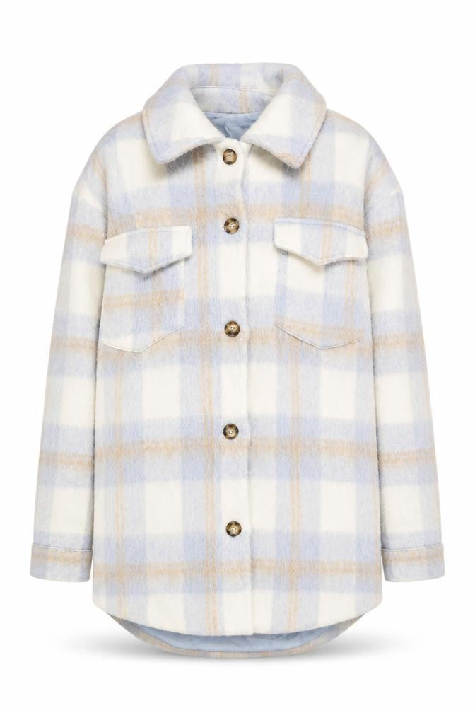 Front view of Missguided women’s blue plaid overcoat coat, size UK 8, button