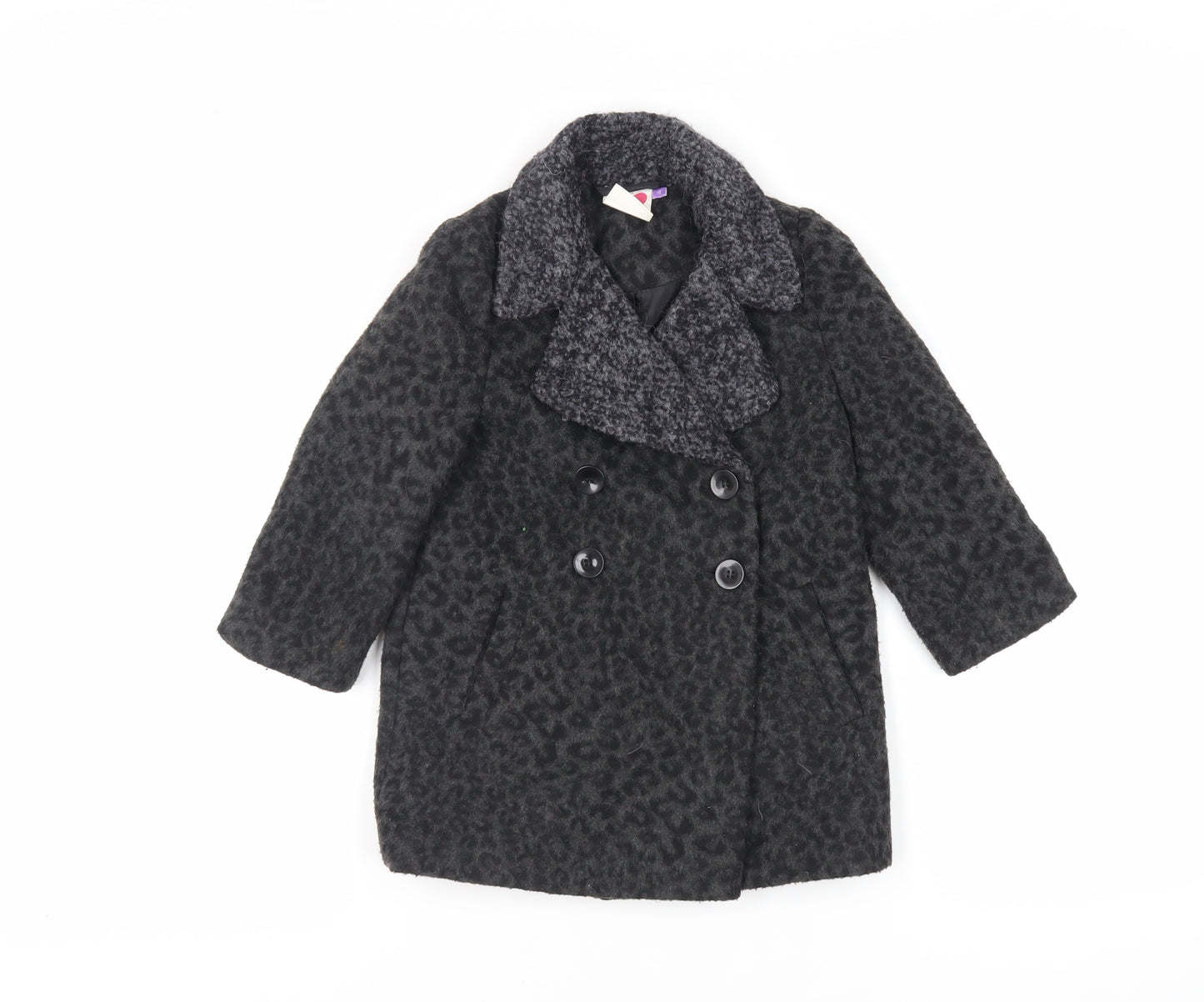 John Lewis Girls Black Animal Print Pea Coat Coat Size 4 Years Button