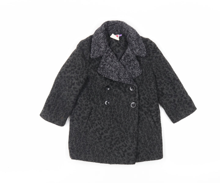 John Lewis Girls Black Animal Print Pea Coat Coat Size 4 Years Button