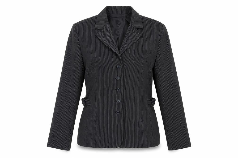 Front view of Fairweather Petites women’s black striped jacket blazer, size UK 10, button