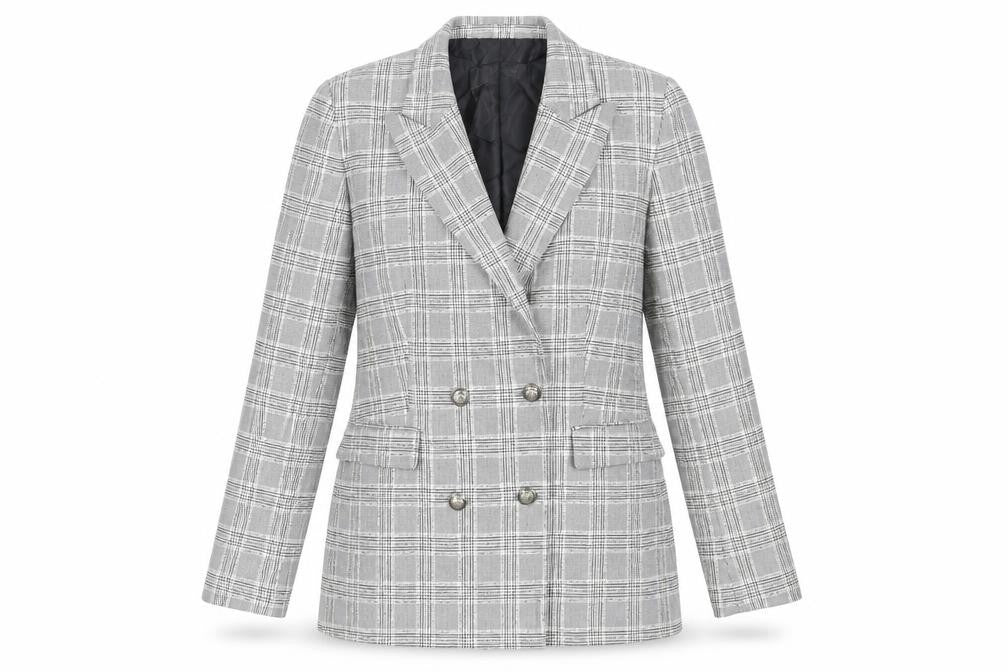 Front view of Zara women’s grey plaid jacket blazer, size L, button