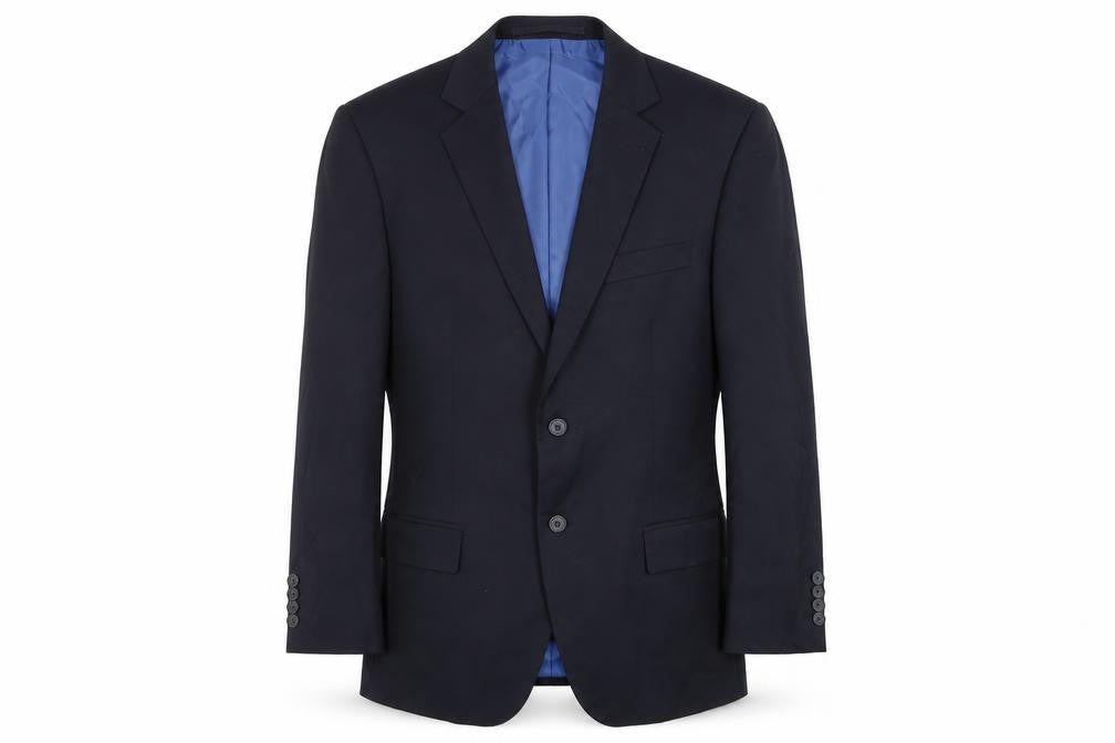 Front view of Marks & Spencer men’s blue polyester jacket suit jacket, size 42, regular
