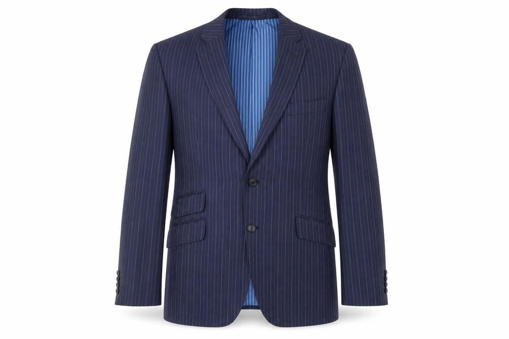 Front view of Marks & Spencer men’s blue striped wool jacket suit jacket, size 44, regular