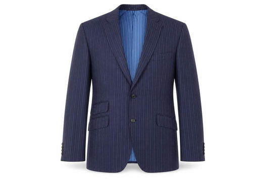Front view of Marks & Spencer men’s blue striped wool jacket suit jacket, size 44, regular