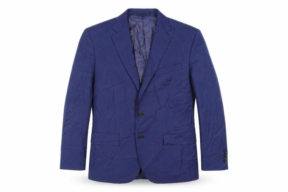 Front view of Marks & Spencer men’s blue wool jacket suit jacket, size 42, regular
