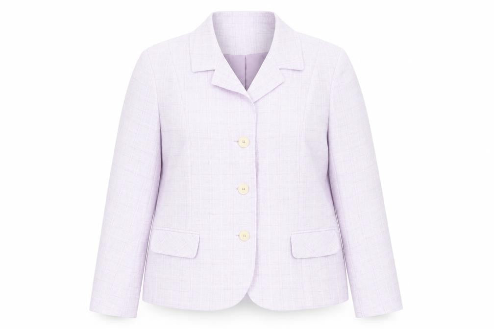 Front view of Bonmarché women’s purple plaid jacket blazer, size UK 18, button