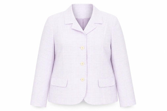 Front view of Bonmarché women’s purple plaid jacket blazer, size UK 18, button