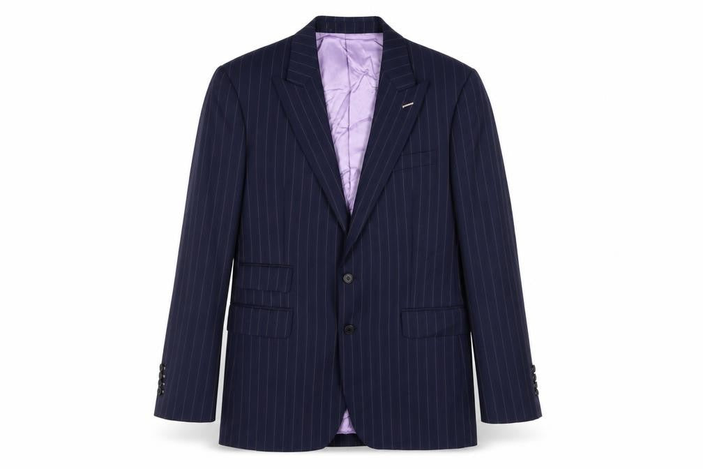 Front view of Berkley Bowen men’s blue striped polyester jacket suit jacket, size 40, regular