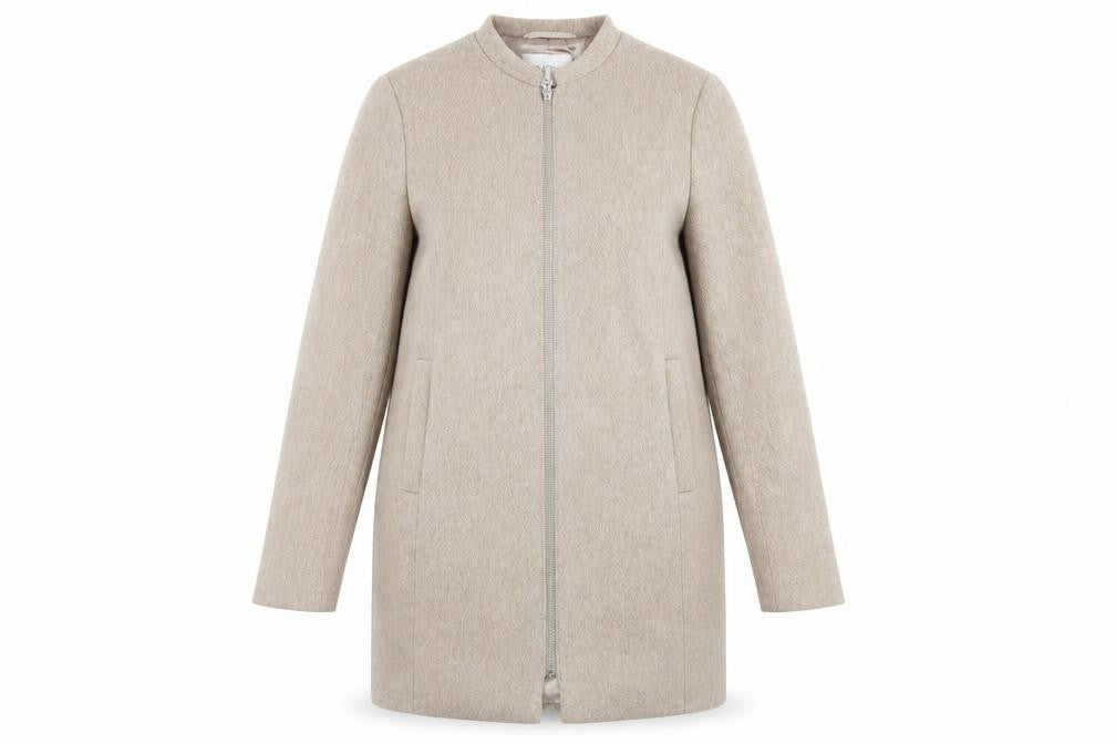 Front view of Precis women’s beige overcoat coat, size UK 8, zip