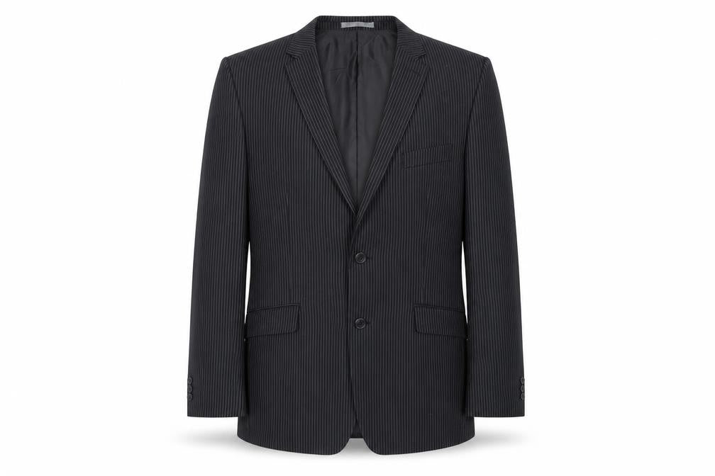 Front view of Burton men’s black striped polyester jacket suit jacket, size 46, regular