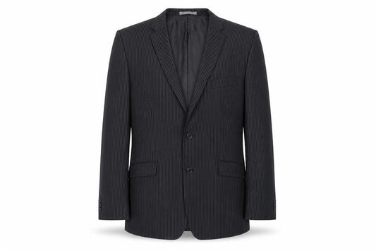 Front view of Burton men’s black striped polyester jacket suit jacket, size 46, regular
