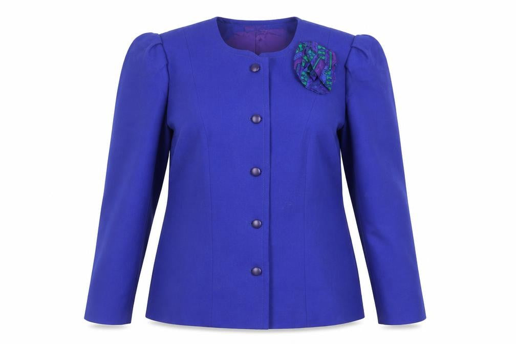 Front view of Peter Barron women’s blue jacket blazer, size UK 18, button - vintage