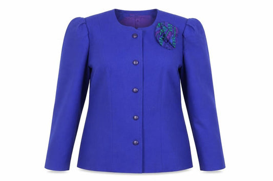 Front view of Peter Barron women’s blue jacket blazer, size UK 18, button - vintage