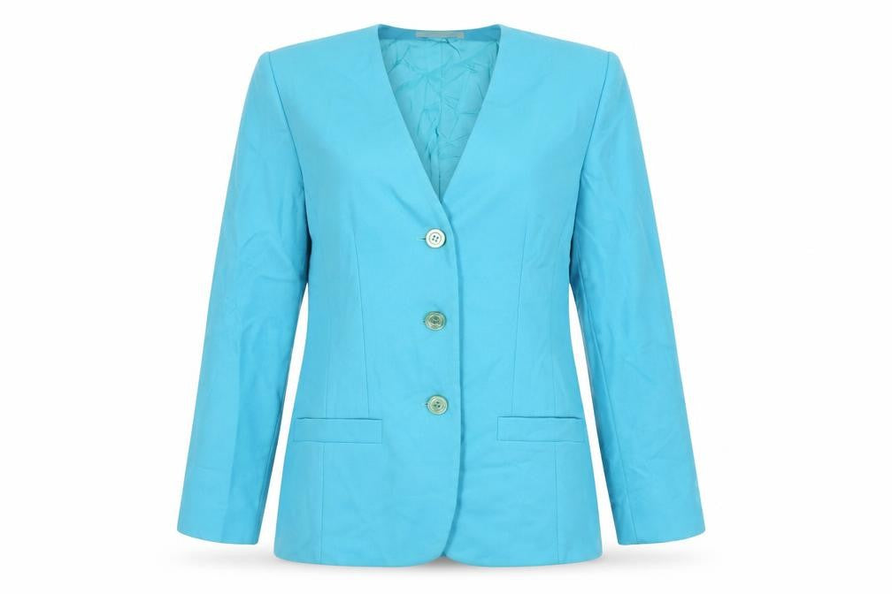 Front view of Helen Sykes women’s blue jacket blazer, size UK 12, button - vintage