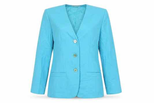 Front view of Helen Sykes women’s blue jacket blazer, size UK 12, button - vintage