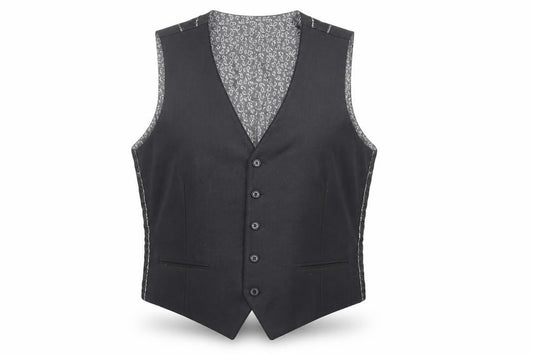 Front view of Bossi men’s black polyester jacket suit waistcoat, size 36, regular