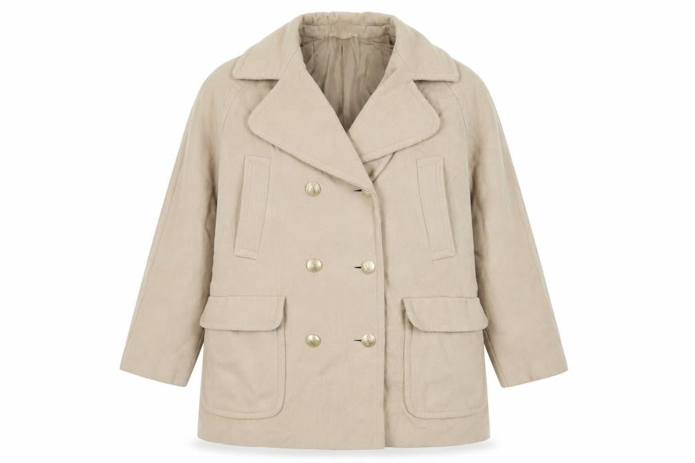 Front view of St Michael women’s beige pea coat coat, size UK 14, button