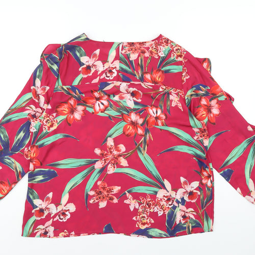 Marks and Spencer Womens Red Floral Polyester Basic Blouse Size 16 Round Neck