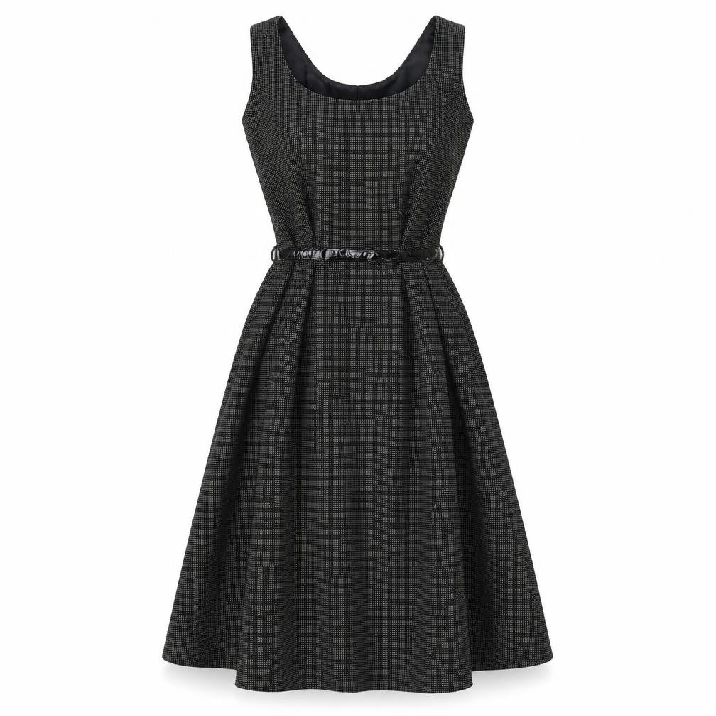 Front view of Next women’s black polka dot polyester a-line, size UK 6, scoop neck zip