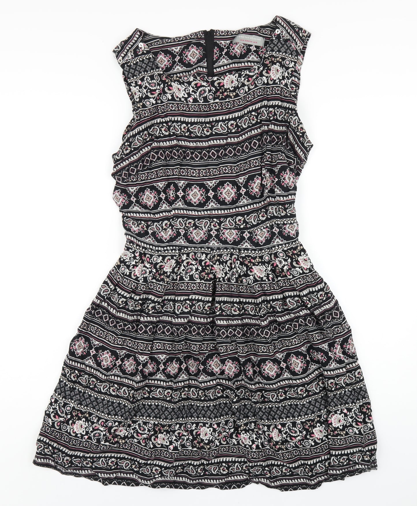 Dorothy Perkins Womens Black Geometric Viscose A-Line Size 16 Square Neck Zip