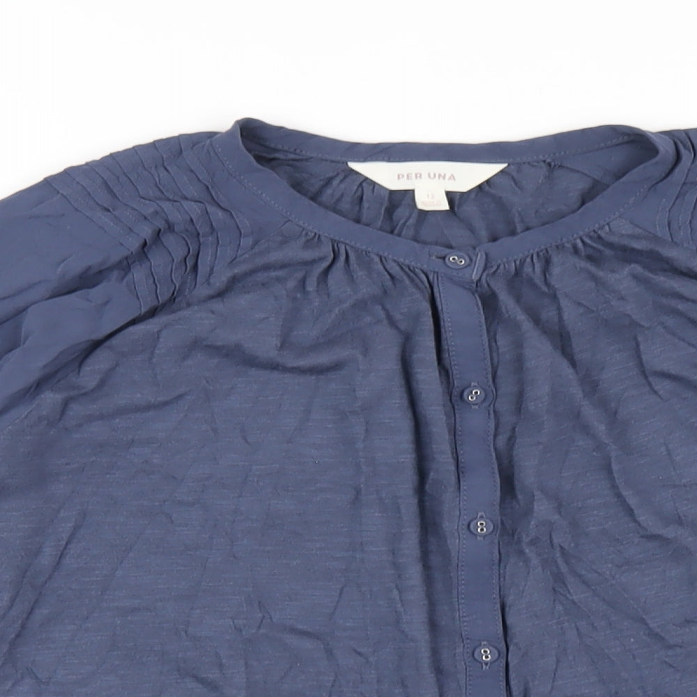 Per Una Womens Blue Cotton Basic Button-Up Size 12 Round Neck