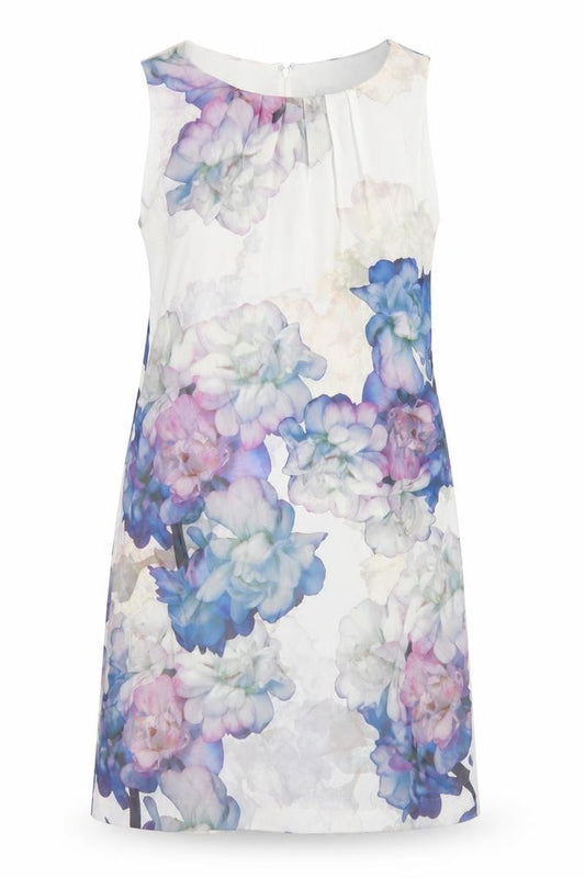 Front view of H&M women’s multicoloured floral polyester a-line, size UK 12, round neck zip