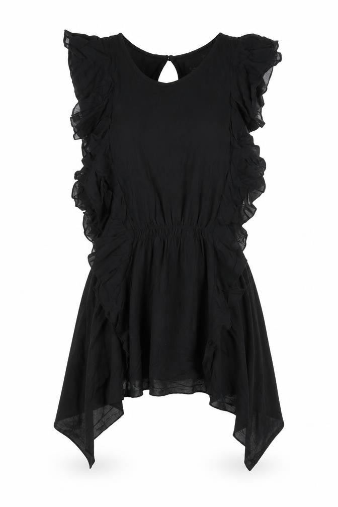 Front view of Zara women’s black viscose a-line, size M, round neck button