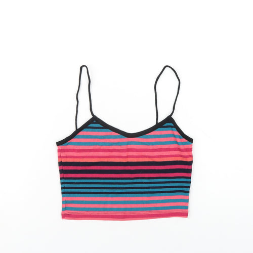 Topshop Womens Multicoloured Striped Polyester Cropped T-Shirt Size 8 V-Neck