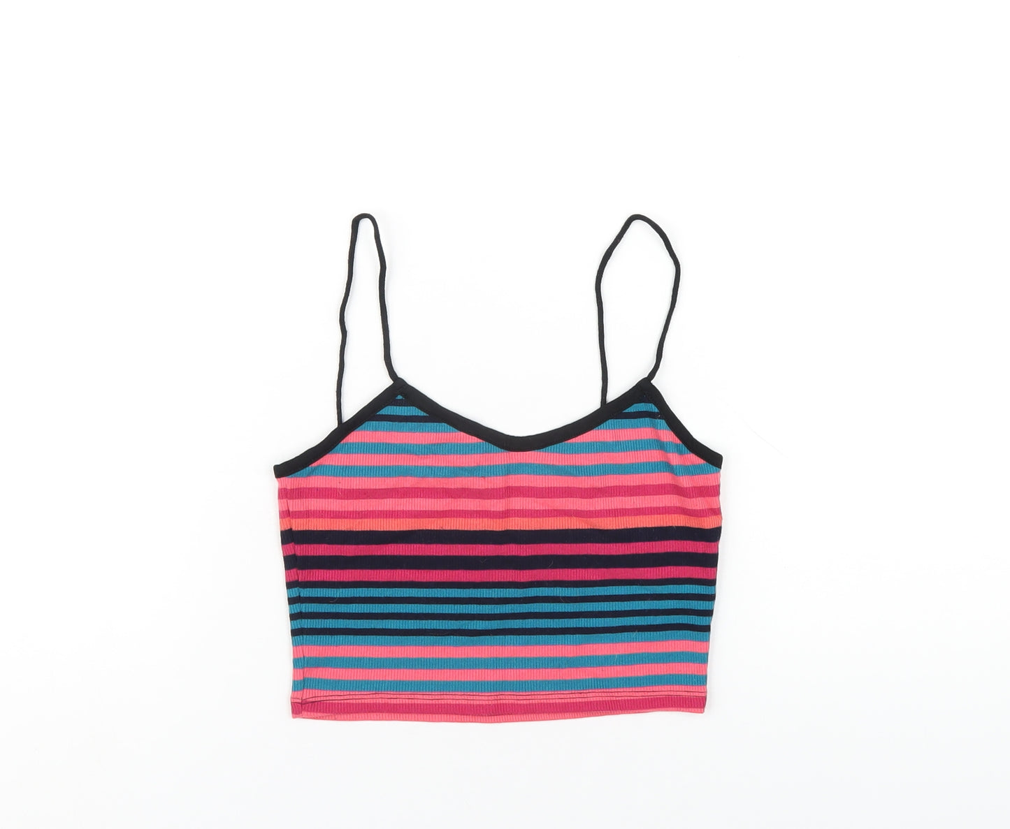 Topshop Womens Multicoloured Striped Polyester Cropped T-Shirt Size 8 V-Neck
