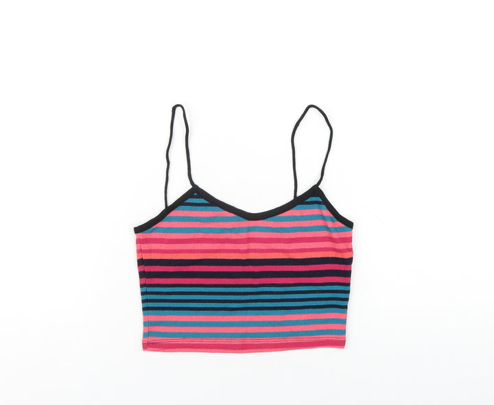 Topshop Womens Multicoloured Striped Polyester Cropped T-Shirt Size 8 V-Neck