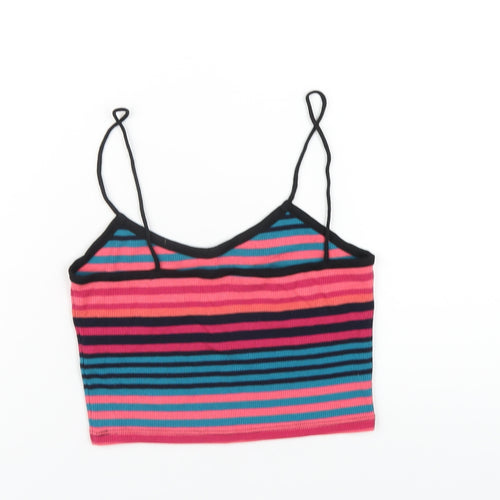 Topshop Womens Multicoloured Striped Polyester Cropped T-Shirt Size 8 V-Neck
