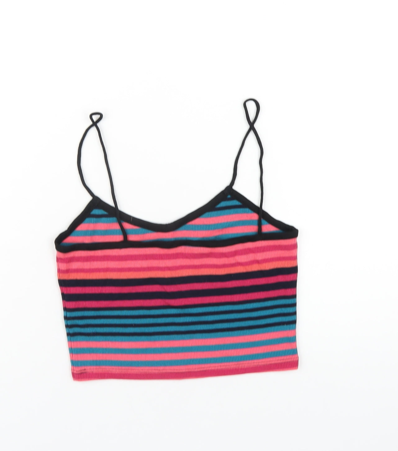 Topshop Womens Multicoloured Striped Polyester Cropped T-Shirt Size 8 V-Neck