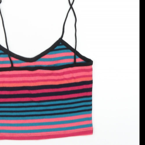 Topshop Womens Multicoloured Striped Polyester Cropped T-Shirt Size 8 V-Neck