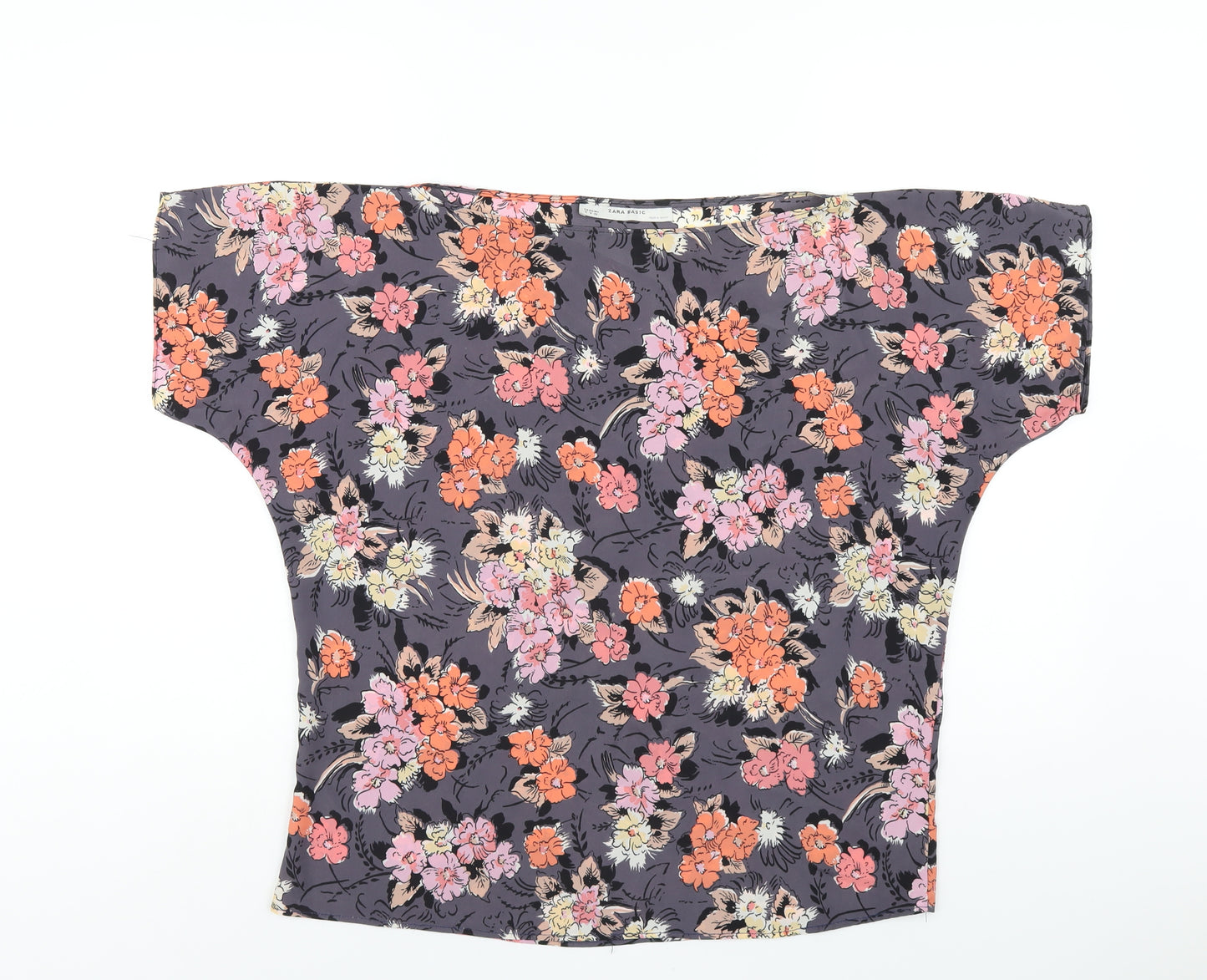 Zara Womens Grey Floral Polyester Basic T-Shirt Size M Boat Neck